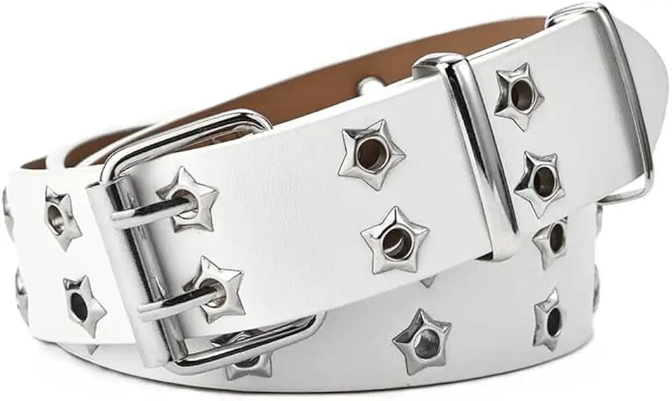 EMMIOL Cool Y2K Belt Women Black bb Belt Silver Buckle Oval D Ring Star Belts Trendy Streetwear Punk for Jeans