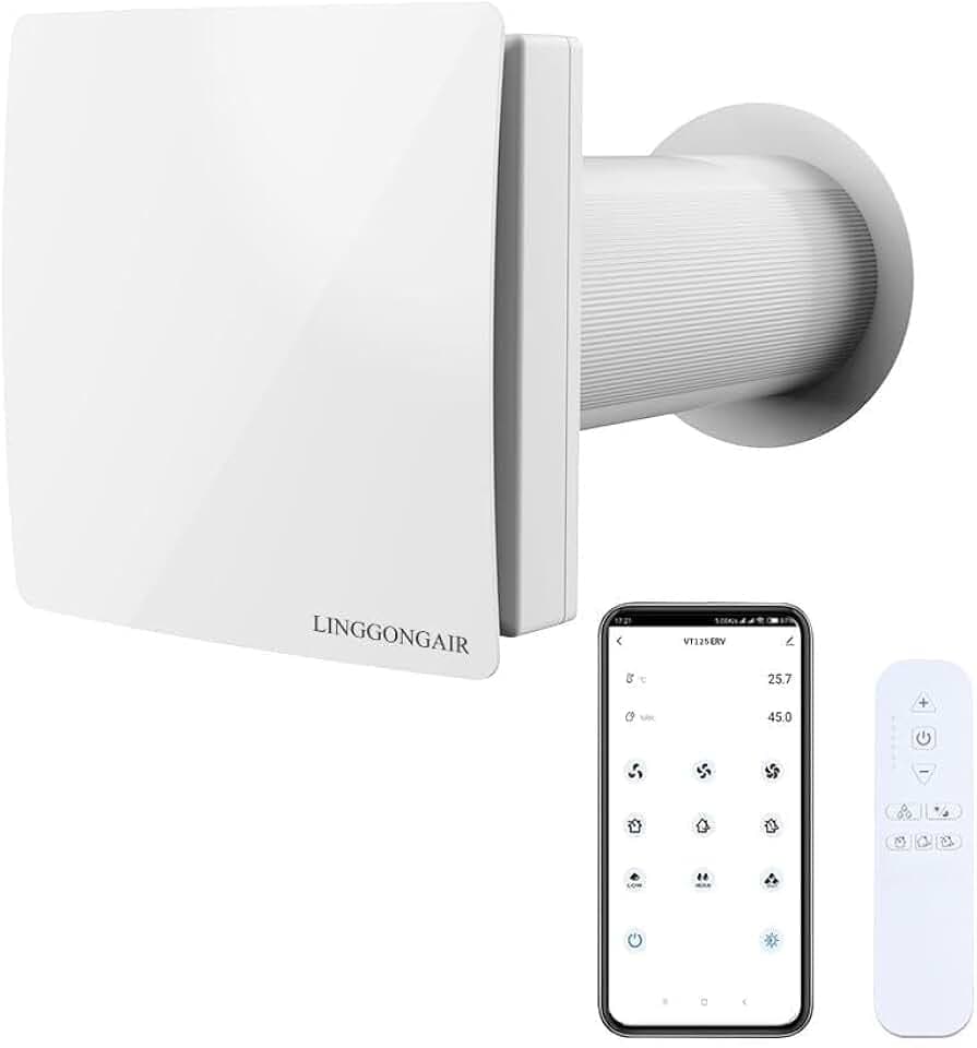 Dezentrale Lüftungsanlage mit Wärmerückgewinnung 125mm – WiFi Smart App Steuerung, Keramikkern & Vorfilter – Leiser Wandlüfter, EC-Motor 60m³/h, HRV-System für Bad/Büro/Keller