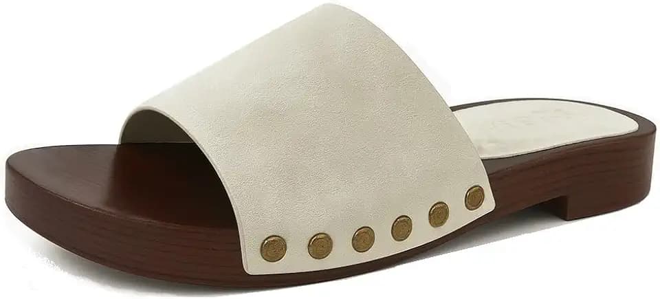 Women's Clog Sandals Open Toe Faux Wood Low Heel Slip On Slides Studded