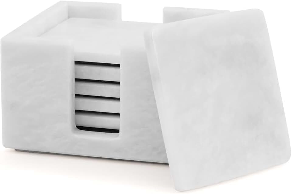 Radicaln Square Marble Coasters Set of 6 with Holder - White Stone 3.5 in