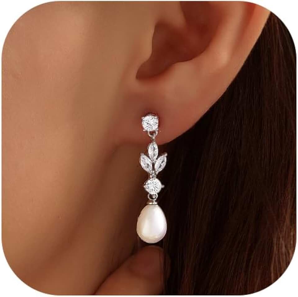 Pearl Earrings for Women, 14k Gold Plated Trendy Diamond Pearl Drop Earrings Bridal Shower Gifts Wedding jewelry for Women