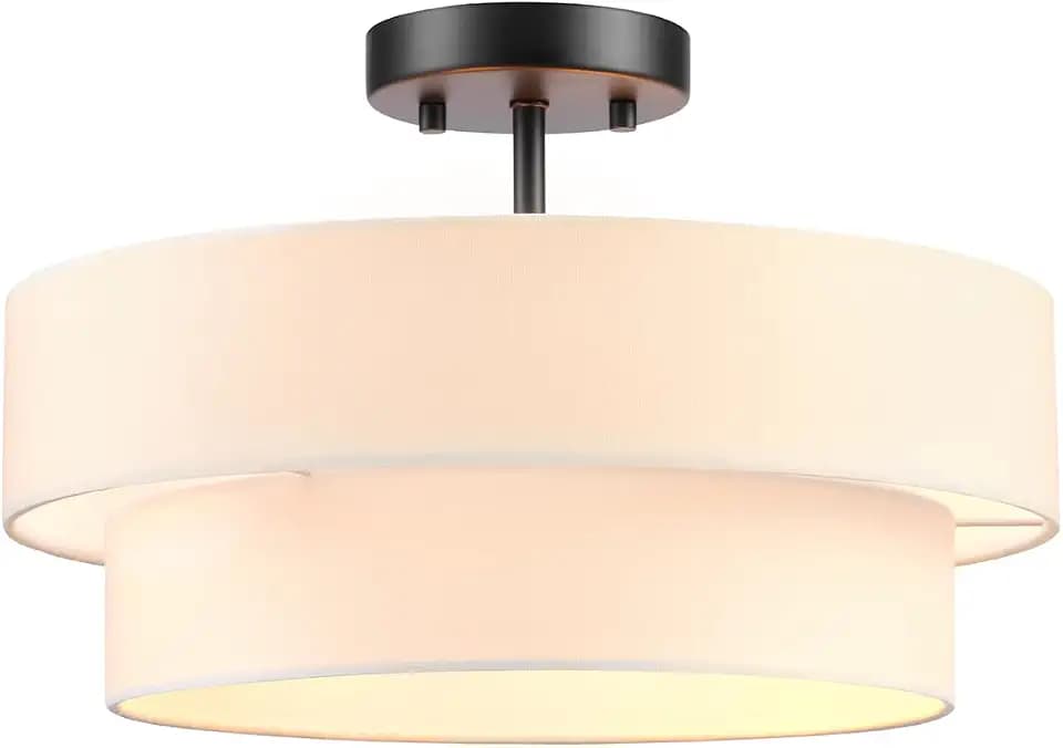 Globe Electric 2-Light Matte Black Semi-Flush Mount Ceiling Light with 2-Tier White Linen Shade
