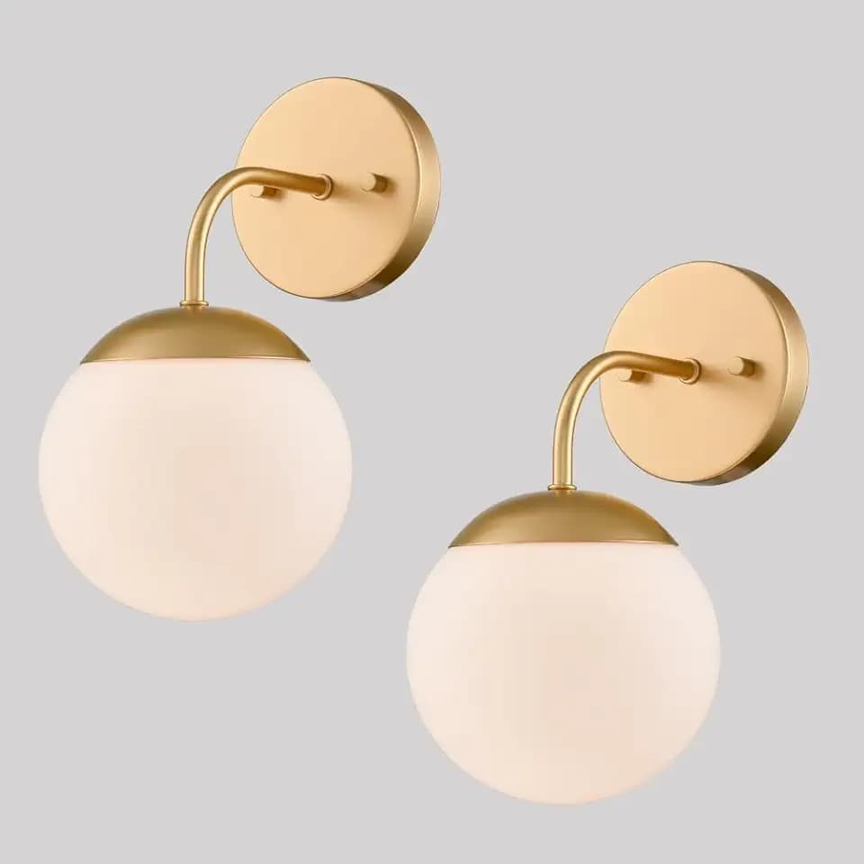 Gold Wall Sconce Modern Nordic Style Milky Globe Glass Shade for Bathroom Vanity Light Set of 2