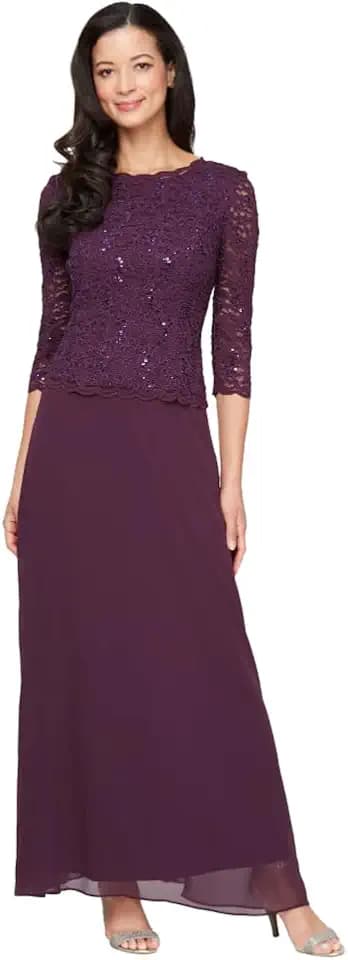 Alex Evenings Women's 3/4 Sleeve Stretch Lace Bodice Mock One Piece Gown
