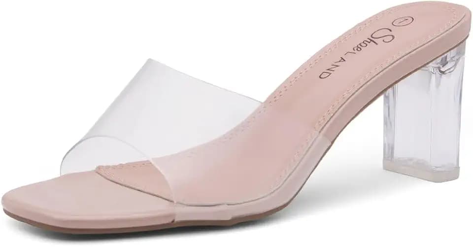 Shoe Land Clear Heels for Women, 3 Inch Chunky Block Heel, One Band Transparent Upper, Square Open Toe Slip-On Mules Sandals, Dressy for Wedding Party