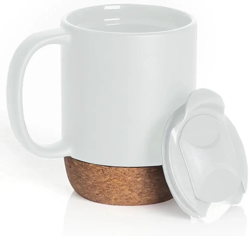 Generisch Wiederverwendbarer Keramik-Reisebecher mit Griff und abschließbarem Deckel und hitzebeständigem Korkboden, auslaufsicher, kühlschranksicher, hitzebeständig, Kaffeebecher – Weiß, 400 ml
