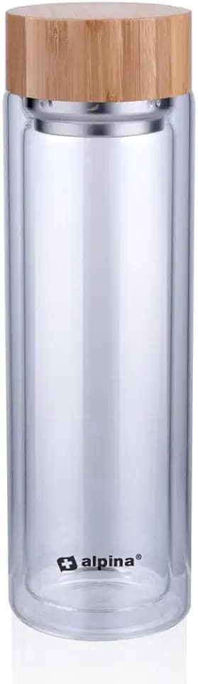 Alpina Trinkflasche aus Glas mit Filter - Wasserflasche Doppelwandig 450 ml - Trinkflasche Bambuskappe und -deckel - Teeflasche mit Teefilter