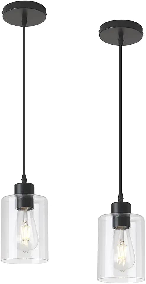 Modern Black Farmhouse Clear Glass Cylinder Pendant Light Fixture,Island Lights for Kitchen,Mini Pendant Lighting for Kitchen Island Decor - 4.75 Inch Shade 58 Inch Cord (Black 2 Pack)