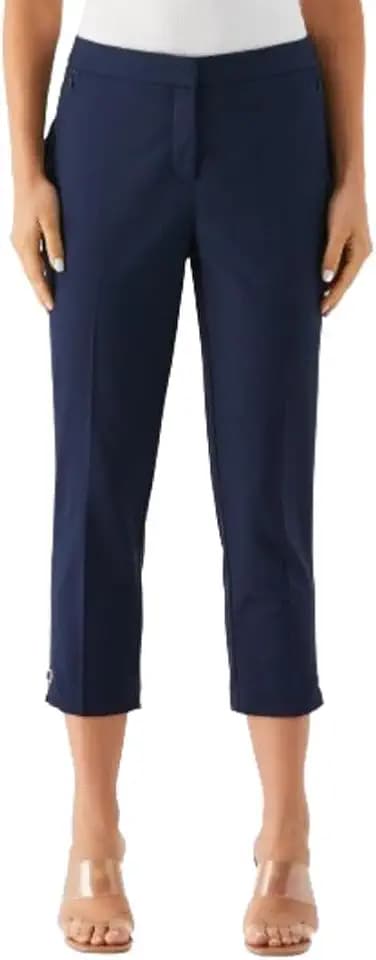 Rafaella Women's 24" Satin Twill Capri with Grommets, Stretch Fabric, Elastic Waistband, Curvy Slim Fit Dress Pants