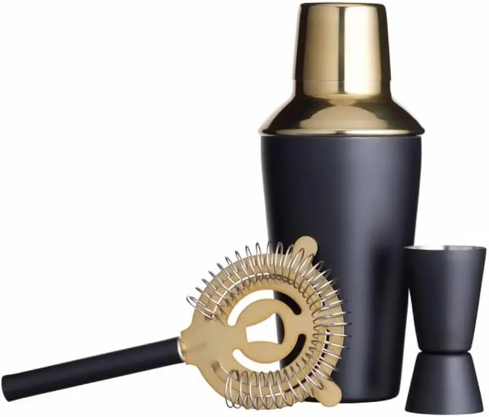 BarCraft Cocktail Set, 3-teiliger Edelstahl-Cocktail-Shaker, Jigger, Sieb und Rezeptheft, Mattschwarz und Messingfarben, 1 Set, Schwarz / Gold