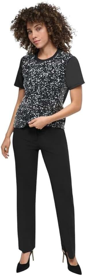 DKNY Women's Crewneck Short-Sleeve Sequin Blouse (Clear Sequin, Medium)