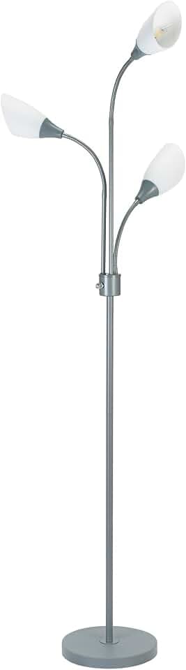 Catalina Lighting Modern 3-Light Floor Lamp with Adjustable Reading Lights Silver Base and White Shades, 70.25", Classic Silver