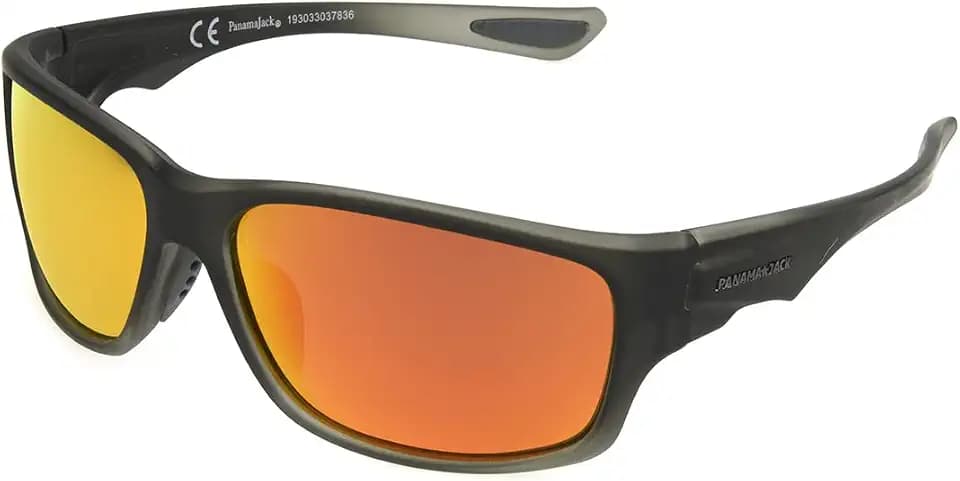 Panama Jack Men's Polarized Orange Mirror Wrap Sunglasses, Dark Gray Crystal, 64