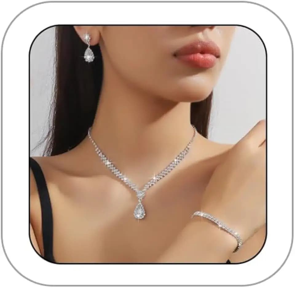 Silver Jewelry Set for Prom,Elegant Prom Jewelry Set Crystal Rhinestone Necklace Earrings Bracelet Brides Wedding Prom Dresses Costume Jewelry Accessories for Women