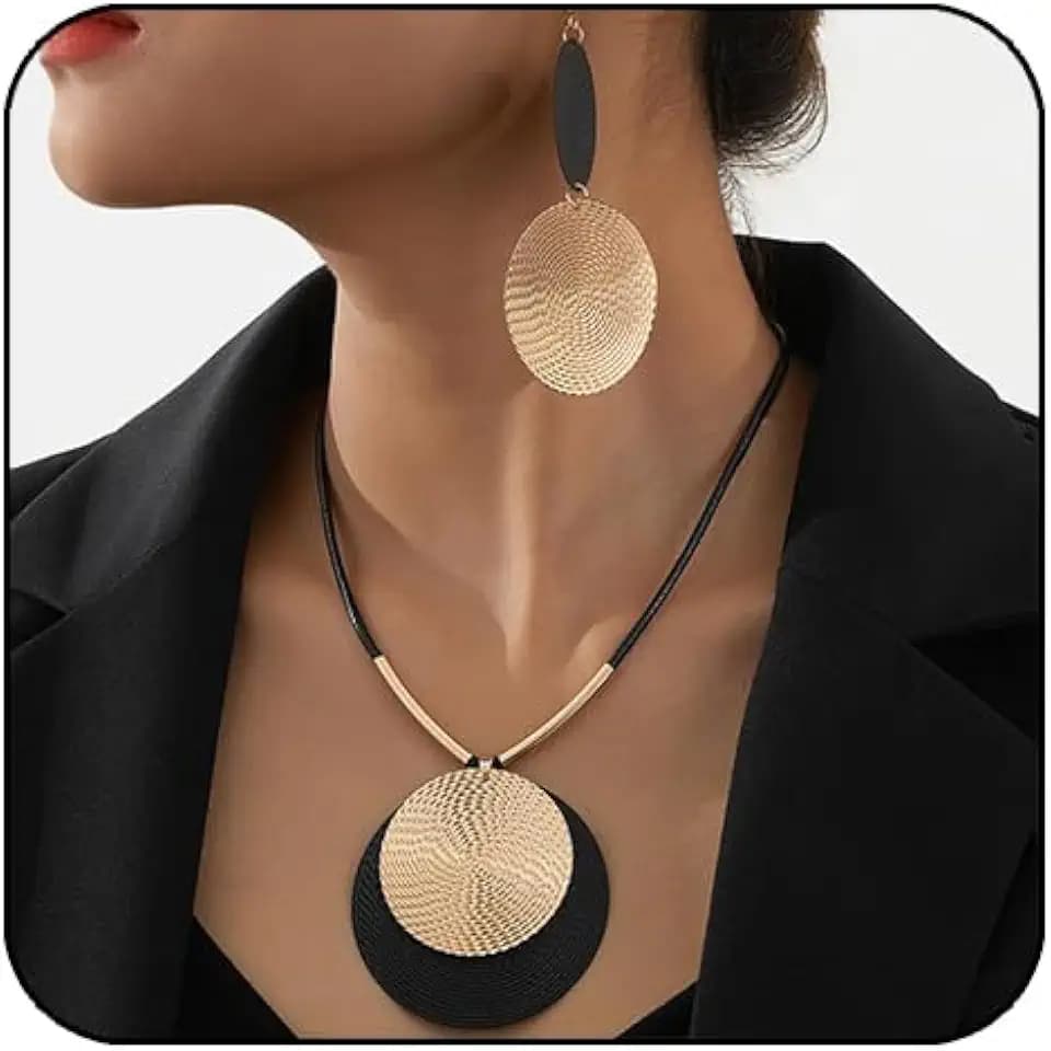 Chunky Black Gold Statement Jewelry Set for Women,Fashion Large African Earrings Necklace Set Boho Costume Jewelry Leather Cord Disc Accessories