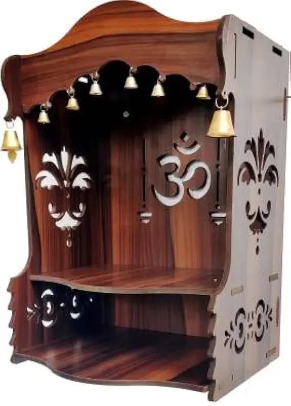 Wooden Pooja Temple/OM (ॐ) with Bells Puja Home Temple with Double Shelf for Storage and God Idols DecorationHome Mandir for Pooja for Home/Wall Hanging Hole for Temple (Brown)(37cm)(15iches)