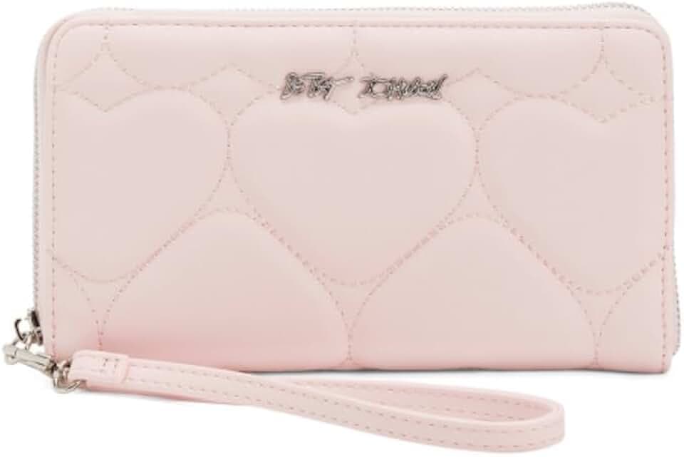 Betsey Johnson Quilted Heart Zip Around Wallet with Wristlet Strap, Blush Pink, 8x5 Inches