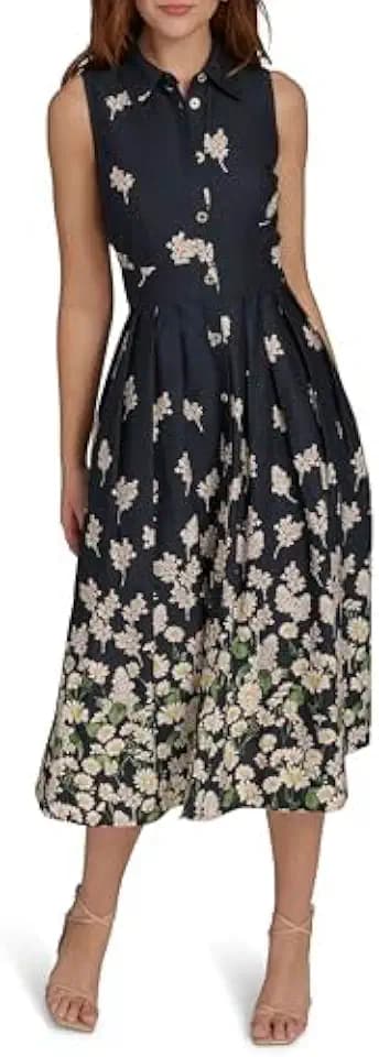Tommy Hilfiger Women's Sleeveless Collared Front Button A-line Midi Dress