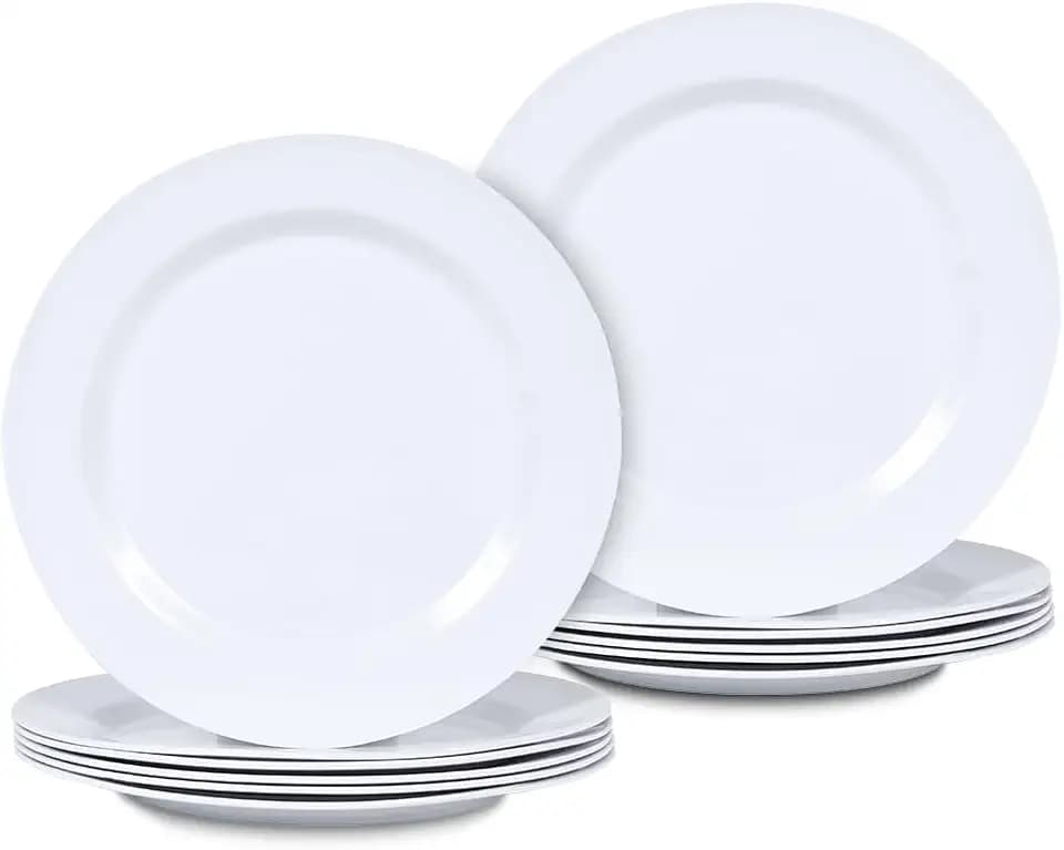 White Melamine Dinner Plates, 10inch 12pcs Plates Dishes Set Camper