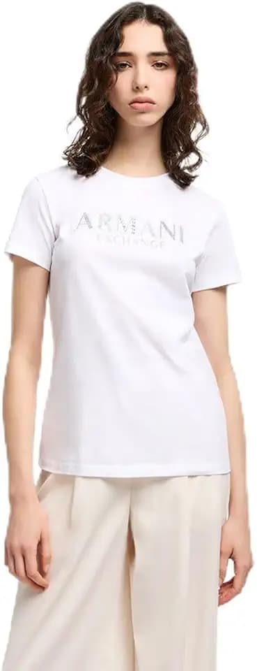 Armani Exchange Women's Crewneck Regular Fit Rhinestone and Metallic Logo Tee