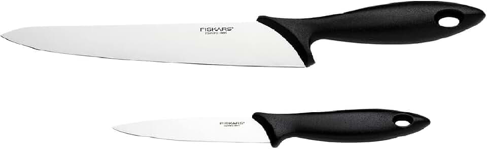 Fiskars Messer-Set, 2-teilig, Küchenmesser (Klingenlänge: 21 cm) und Gemüsemesser (Klingenlänge: 11 cm), Essential, Edelstahl / PP-Kunststoff, Schwarz, 1065582