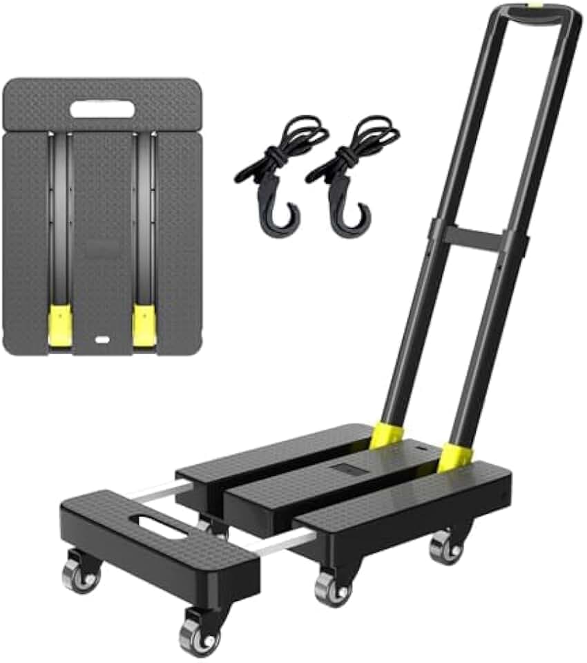 Folding Hand Truck, 500 LBS Heavy Duty Foldable Dolly Cart with Wheels, Telescoping Handle & 2 Elastic Ropes, Portable Luggage Cart for Moving, Travel, Home, Black Yellow