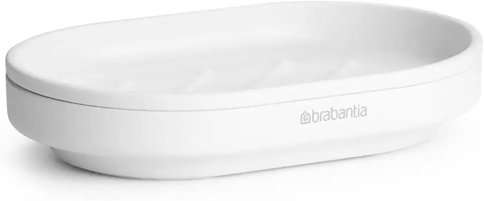 Brabantia - Mindset Seifenschale - rutschfest Boden - Rippen Halten die Seife Schön Trocken - Ablösbare Innenschale - Korrosionsbeständiges Metall - Fresh White - 12 x 8 cm