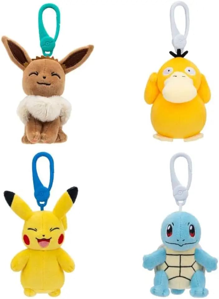 Pokémon Clip on 10cm Plüsch - Pikachu, Eevee, Squirtle, Psyduck - Offizielle Pokemon verstopfte Spielzeug für Kinder 2+ (Produkt ist ein Sortiment/Mysterium)