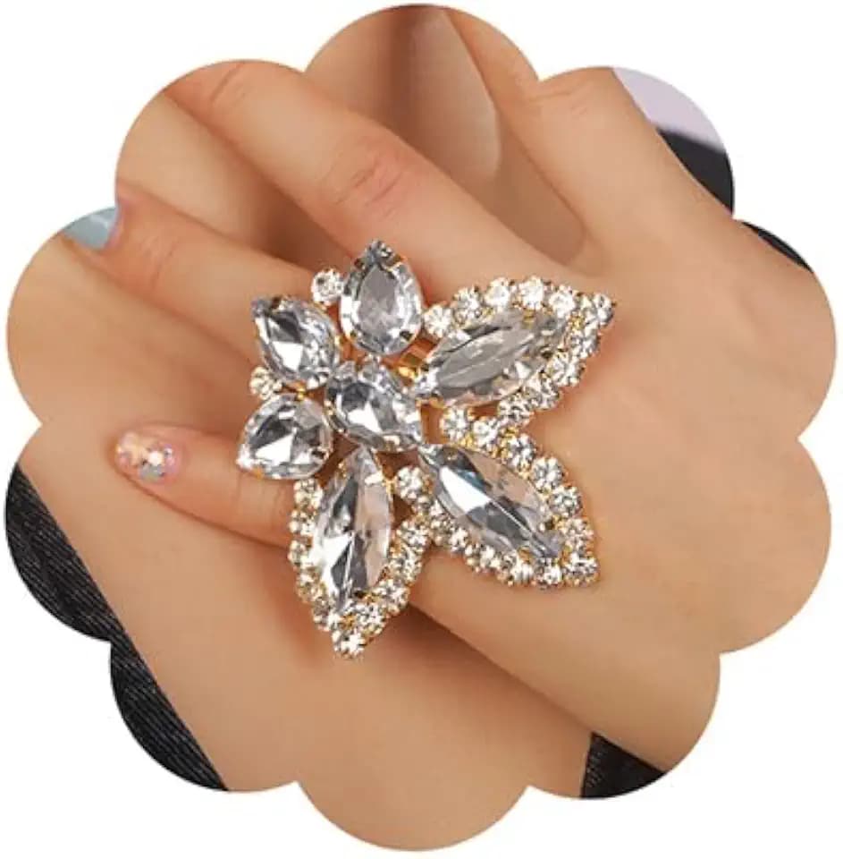 Jumwrit Big Rhinestone Ring Sparkle Leaf Shape Open Wrap Band Ring Adjustable Finger Ring Statement Knuckle Ring for Women