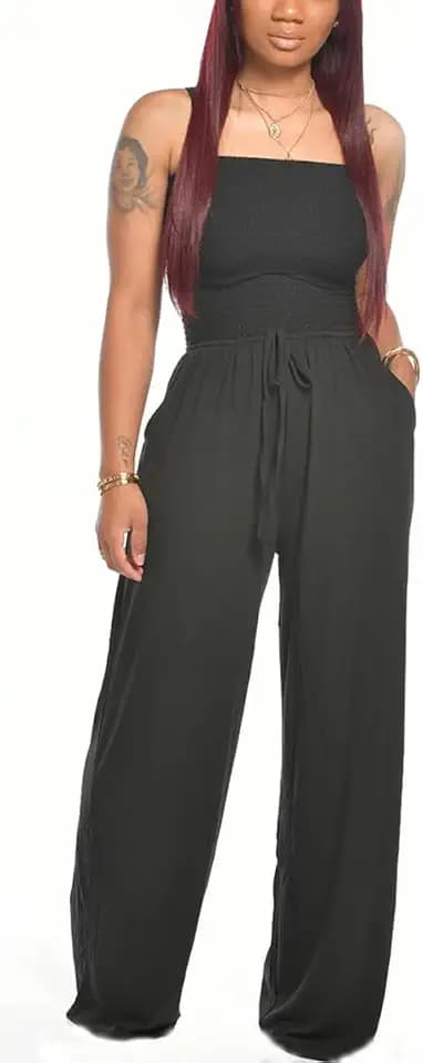 BFFBABY Women's Summer Casual Sleeveless Spaghetti Strap Wide Leg Jumpsuit Loose Tube Top Romper with Pockets