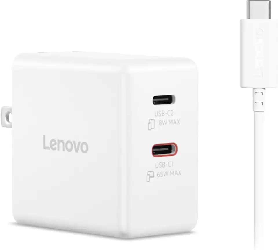 Lenovo Dual USB-C 65W GaN Charger, 2 USB-C Ports, for Laptops/Tablets & Phones & More, Compact Size, Foldable Plug, Includes 1.5m USB C Cable, Model/Type: CC65, White