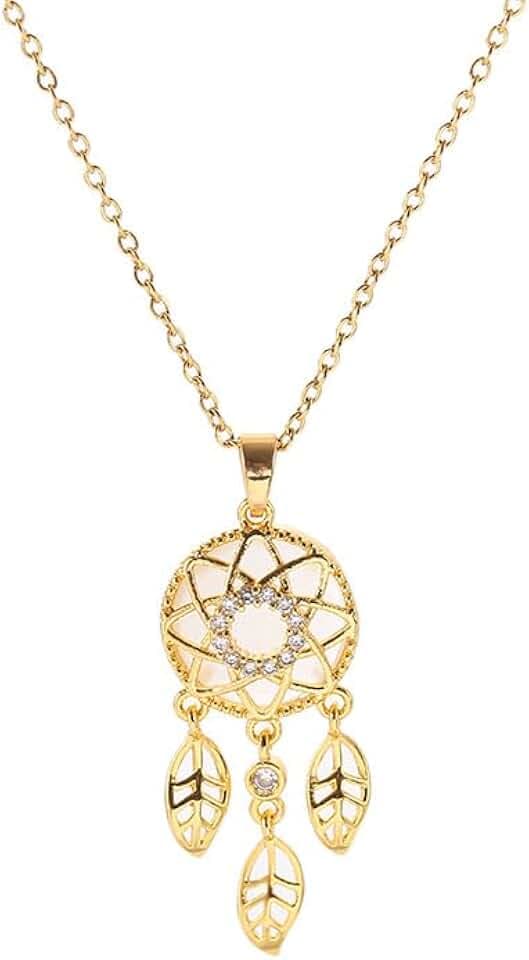 Dream Catcher Necklace for Women Cubic Zirconia Dreamcatcher Pendant Dangling Hollow Leaf Tassel Feather Charms Titanium Steel Chain Dainty Jewelry