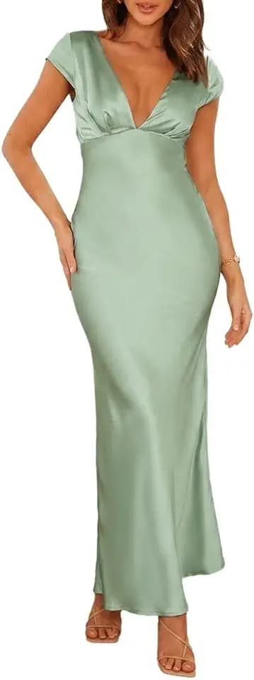 Halfisland Womens Summer Satin V Neck Cap Sleeve Midi Dress Wedding Guest