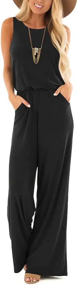 Lacozy Womens Casual Loose Sleeveless Jumpsuit Crew Neck Supersoft Rompers Sexy Tank Jumper With Pockets