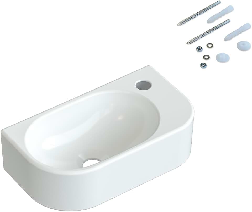 Waschbecken Keramik Waschtisch Hängewaschbecken klein Handwaschbecken Weiß Oval 40 x 21 cm Badezimmer Gäste WC Hahnloch Rechts mit Stockschrauben | OHNE Überlauf | OHNE Wasserhahn | OHNE Ablaufventil