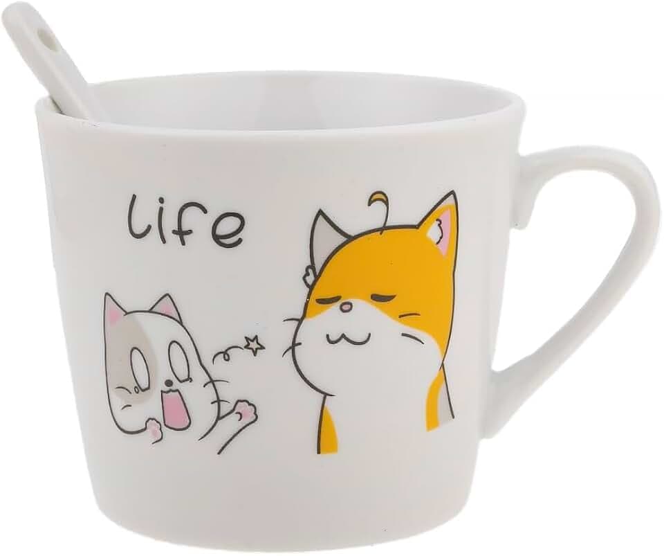 lachineuse - Porzellantasse & Löffel Happy Cat - Katzen-Duo - Life Collection - 200 ml - Frühstück & Entspannungspause - Kaffee, Tee, heiße Schokolade - Geschenkidee für Asien, China, Japan - Weiß