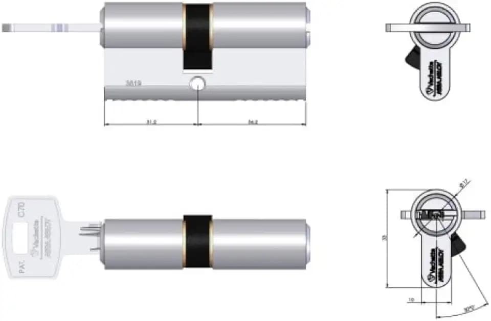 Vachette Velix Zylinder, 35 x 45 mm, doppelter Eingang, vernickelt, Widerstand gegen Stöße, Bohren und Lockpicking, 5 umkehrbare Schlüssel, Eigentumskarte und exklusives Patent bis 2036