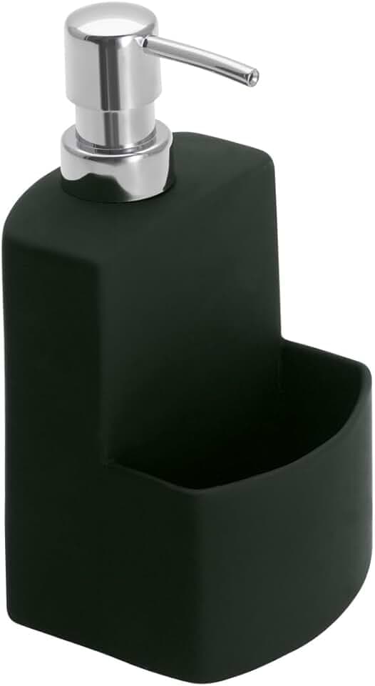 WENKO Spülmittelspender Festival, Seifenspender für die Küche, hochwertige Keramik mit Soft-Touch Oberfläche, mit extra Fach für den Spülschwamm, Fassungsvermögen 380 ml, 10 x 18 x 10 cm, Schwarz