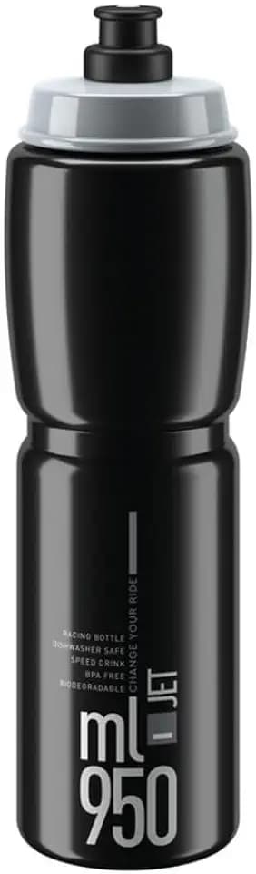 ELITE Jet Cycling Water Bottle – 950ml – Black with Grey Logo – High-Flow, Biodegradable, BPA-Free