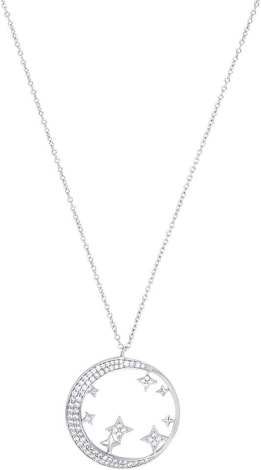 Amor Kette mit Anhänger 925 Sterling Silber Damen Halsschmuck, mit Zirkonia synth., 42+3 cm, Silber, Mond/Sterne, Kommt in Schmuck Geschenk Box, 2032789