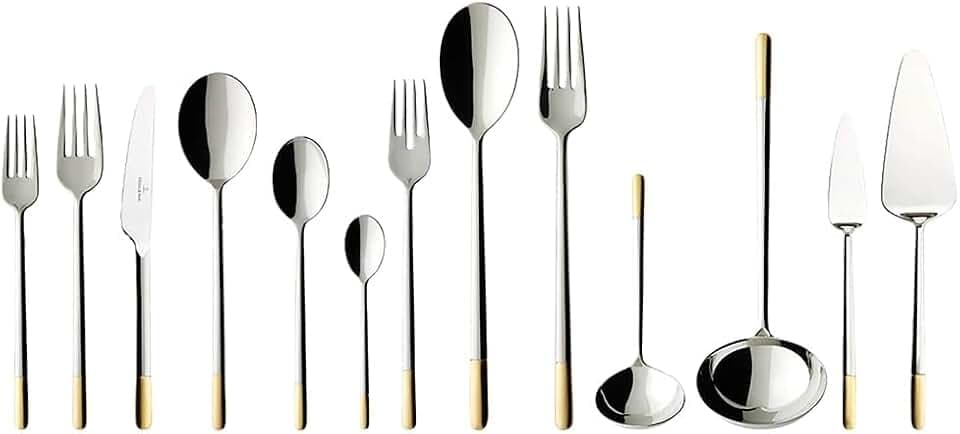 Villeroy & Boch - Ella Teilvergoldet Besteckset 113-teilig Silber, Spülmaschinenfest, Besteck Set für 12 Personen, Besteckset Platin, Besteck, Edelstahl