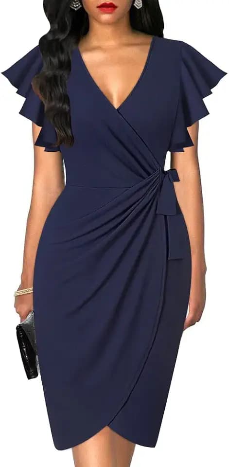 oten Womens Deep V Neck Ruffle Sleeves Cocktail Work Faux Wrap Dresses