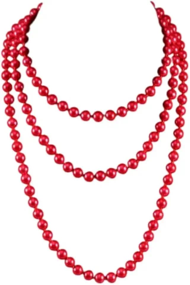 1920S Long Vintage 8MM Faux Pearl Strand Necklace Elegant Long Chain Layered Retro Imitation Round Beaded Ball for Women Party Halloween Jewelry Mother's Day Gift