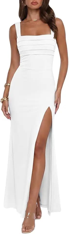 XXTAXN Womens Formal Mesh Double Tank Square Neck Split Maxi Dress