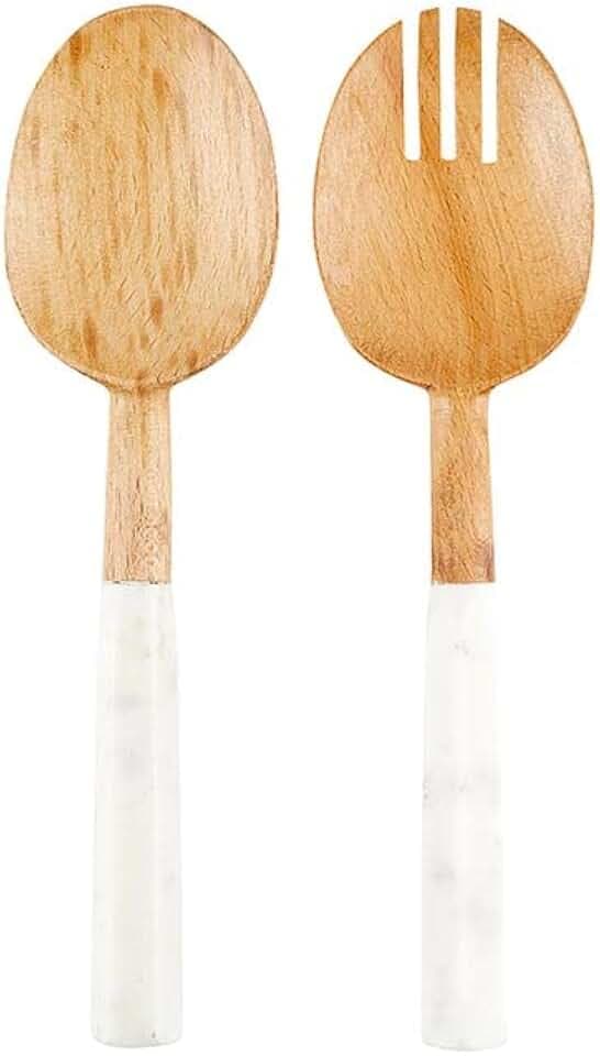 Santa Barbara Design Studio Face to Face Collection Serving Utensils Marble Handled Wood Salad Servers, Set of 2, Marble & Wood
