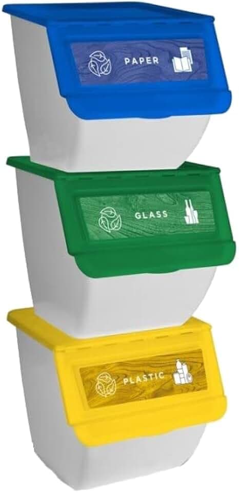 DRW Set mit 3 stapelbaren Recycling-Mülleimern aus Glas, Papier, Kunststoff, 36 Liter, 39 x 39 x 36 cm