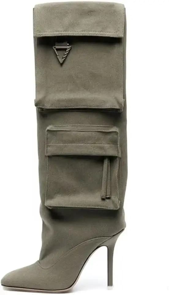 Knee High Denim Boots for Women Sexy Square Toe Stilettos Heel Long Boot with Multiple Side Pocket Dress Pull on Tall Boots Fall Winter