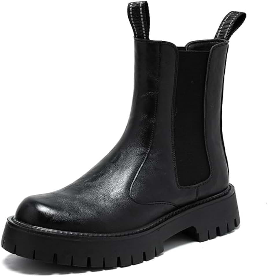 XEDGMSGS Men's Leather Platform Chelsea Boots Lug Sole Chunky Heel Brogue Dress Ankle Boots Round Toe Retro Slip-On Oxfords Boot