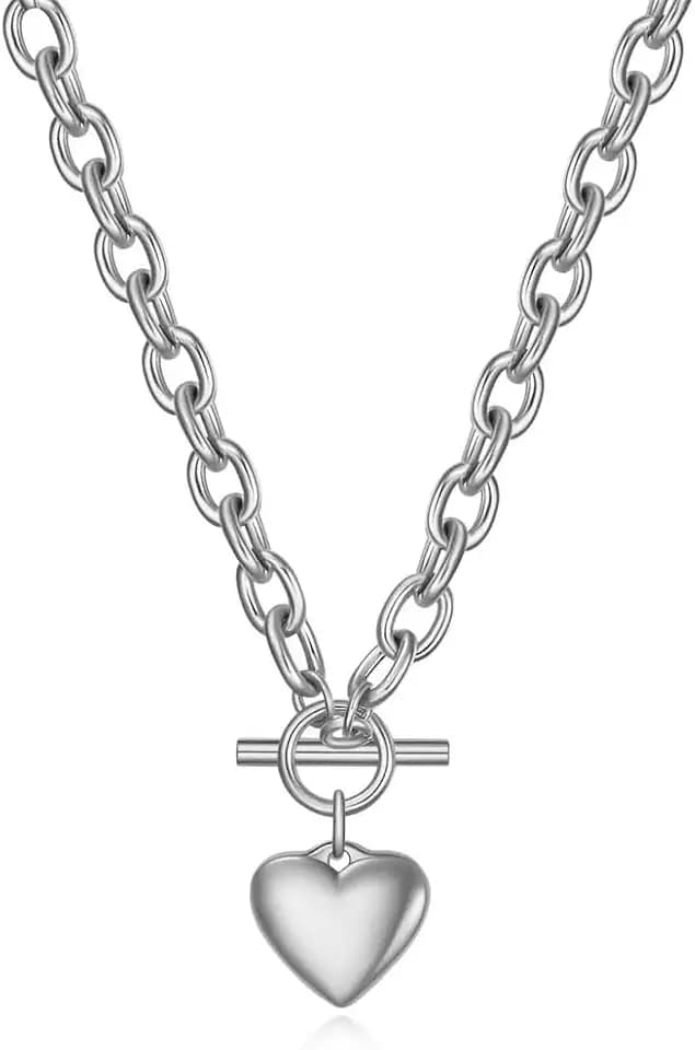 Gold Silver Heart/Moon Necklace for Women Chunky Chain Heart Necklaces Toggle Necklace Titanium Steel Trendy Jewelry Hypoallergenic Grunge Necklace (Silver Heart)