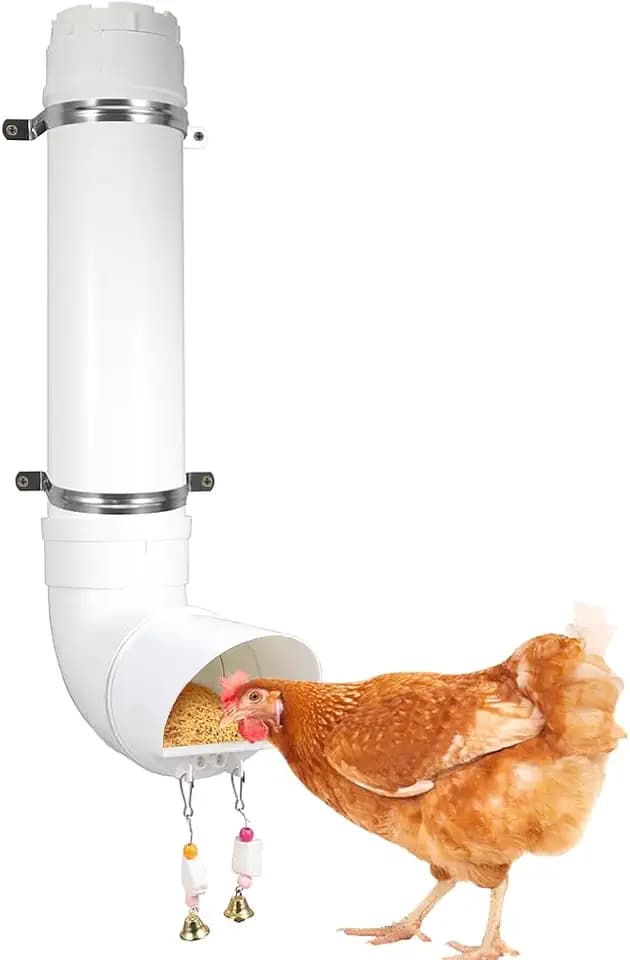 Kalakey Automatic Chicken Feeder, Hanging PVC Tube Chicken Coop Feeder with Chew Toy Bell, Holds 6lbs Feed for Hens Chicks, Grit and Oyster Shell Feeder